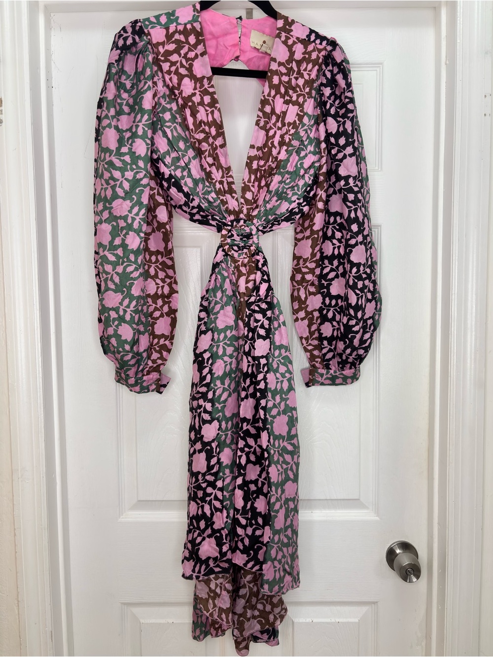 Hannah Pink Multi-Panel Floral Tie-Front Long Sleeve Dress